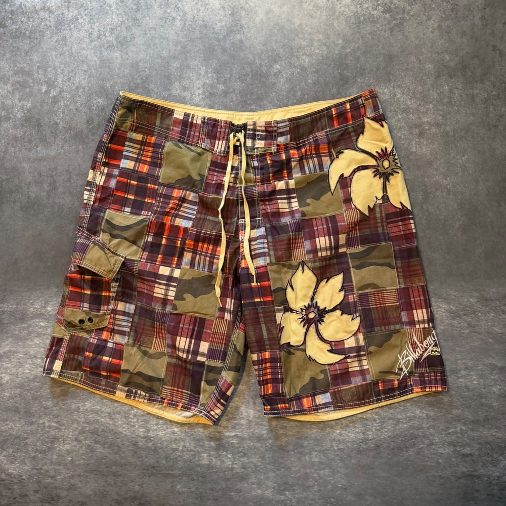 VTG Billabong Patchwork Board Shorts Size 42 Camo Plaid Floral Y2K Surf M108KKOH